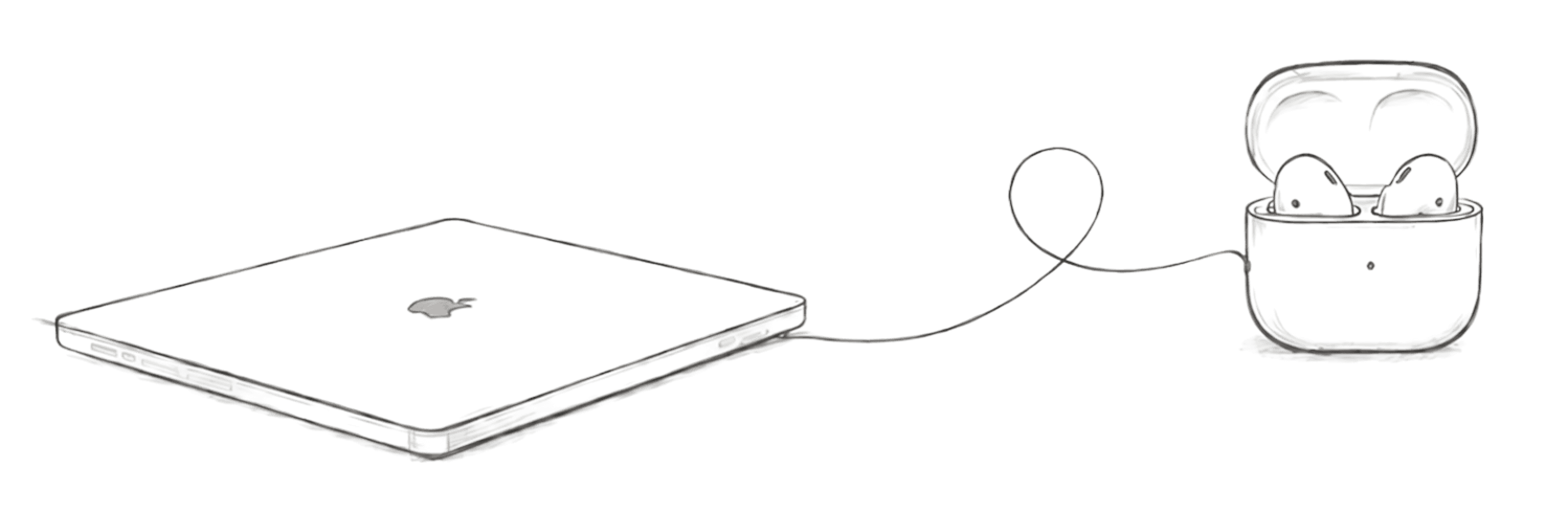 A closed laptop connected by a single looping line to an open AirPods case